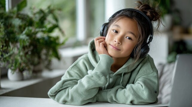 A sweet young Asian girl in a hoodie, wearing headphones, sits at a desk with a laptop. Perfect for themes of online learning, remote education, technology, and leisure.