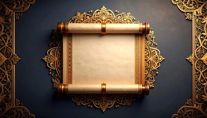 Ancient Text Flat Lay Featuring Ornate Gold Scroll and Patterned Border