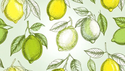 Hand-drawn Lemon and Lime Pattern with Green Leaves on Light Background