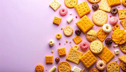 Assorted savory crackers and sweet treats on a vibrant pastel purple surface