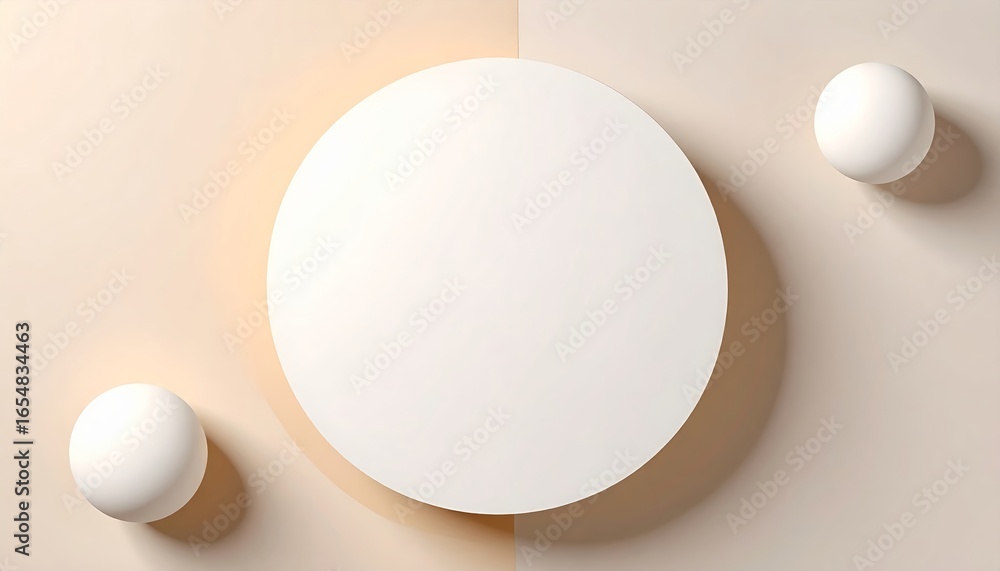 Poster minimalist composition of spheres and circle on a soft pastel background scheme