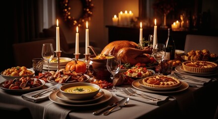 An elegant dinner table adorned with traditional dishes, illuminated by candlelight, promises a warm and inviting festive meal.