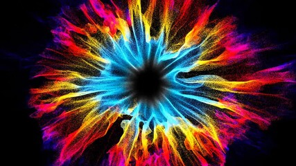 3d render abstract art video animation of a surreal explosion star abyss with black hole in the centre based on small balls dust sand particles in rainbow gradient mix color on black background - Powered by Adobe