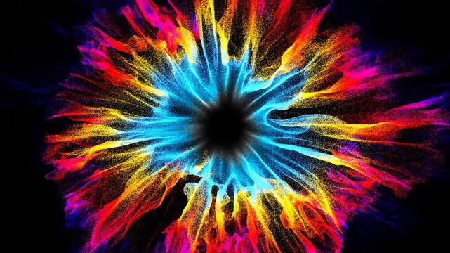 3d render abstract art video animation of a surreal explosion star abyss with black hole in the centre based on small balls dust sand particles in rainbow gradient mix color on black background