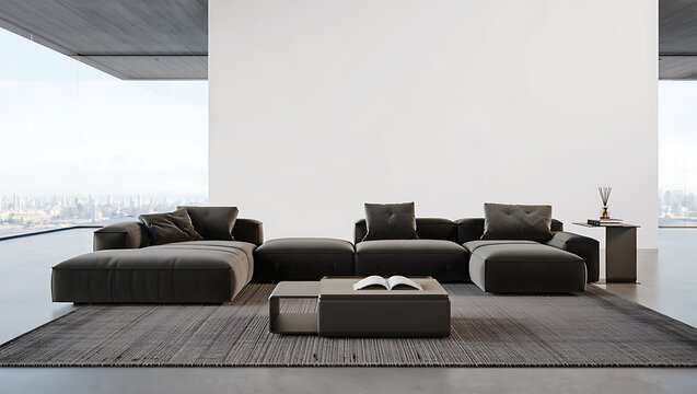 Modern dark sectional sofa with coffee table and city view dark grey plush cushions