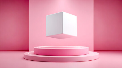 White box floating above a pink podium on a pastel background, 3D rendering illustration