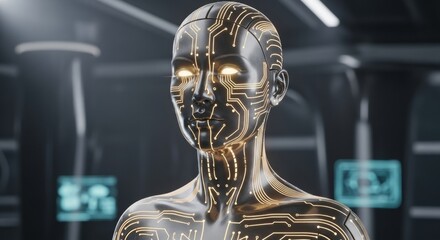 Futuristic humanoid robot with glowing eyes and circuit board patterns.