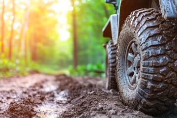 Fototapeta premium Vehicle tire driving through mud off road in nature