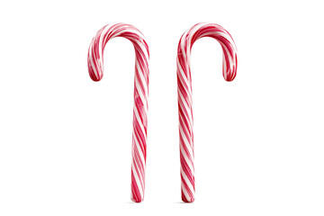 Two Red and White Striped Candy Canes Isolated on White Transparent Background