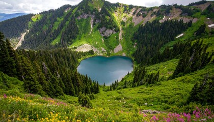 Heart-shaped alpine lake nestled in a valley