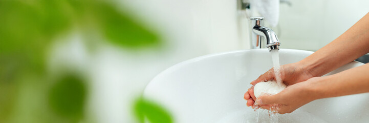 Handwashing with Soap Wide Banner and Copy Space