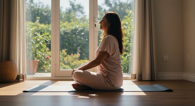 穏やか日光浴 瞑想する女性 静寂な室内 安らぎ (Odayaka nikkyoku medosuru josei shijaku na shitsu nai yasuragi) Translation: Gentle sunlight, meditating woman, quiet room, peace.. AI Generated