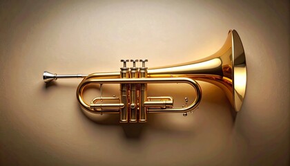 Obraz premium Elegant Golden Trumpet against a Soft Beige Backdrop, Studio Shot, Sophisticated Still Life