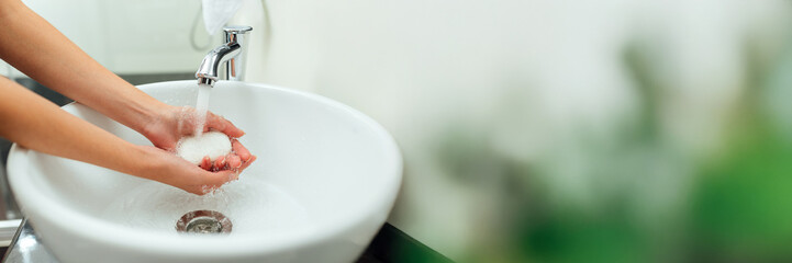 Hand Washing with Soap Wide Banner with Copy Space