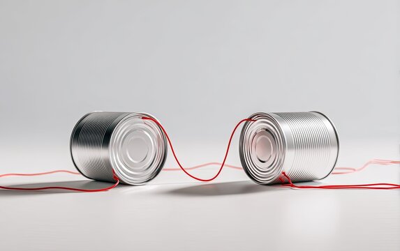Two tin cans connected by a red string on a light gray surface