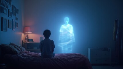 Fototapeta premium Teens bedroom with a clear projection of a telepsychiatry avatar on the wall the figure glowing gently and the rest of the room dim and out of focus.