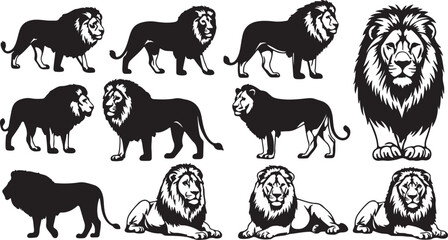 Set of Black Silhouette Lion Poses on White Background lions king
