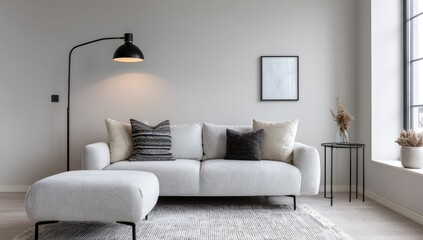Modern living room interior, featuring a light gray couch, a floor lamp, and a small side table