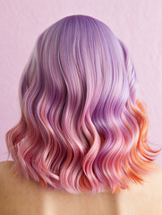 Naklejka premium Vibrant Wavy Hair with Purple, Pink, and Orange Highlights A Stunning Rainbow Hairstyle