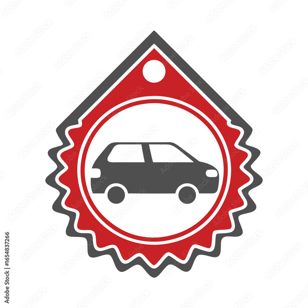Poster red and grey car emblem with circular badge and jagged edge automobile vehicle