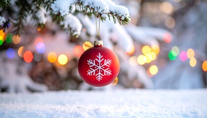 A festive red Christmas ornament hangs from a snowy branch, with colorful bokeh lights out of focus in the background.