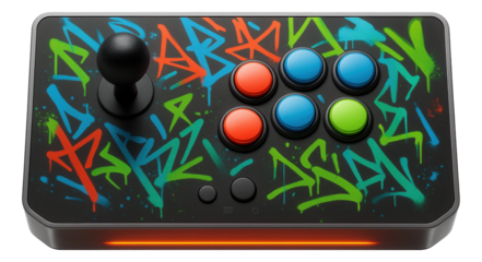 Arcade panel with a graffiti-inspired design and oversized buttons for urban-themed gaming experiences