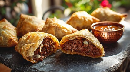 Golden beef samosas with crispy flaky pastry cut open revealing spiced ground meat filling served on dark slate board with copper sauce bowl