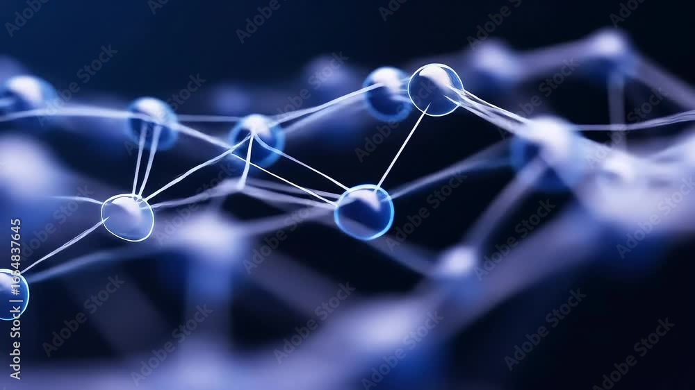 Poster abstract molecular network close-up of interconnected spheres. science background for research, tech