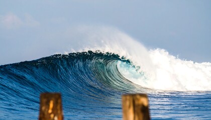 A powerful ocean wave crashes dramatically against the shore, showcasing a vibrant display of turquoise and deep blue hues.