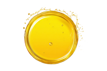 Golden Oil Liquid Splash and Bubbles in Circular Dish Isolated on White Transparent Background