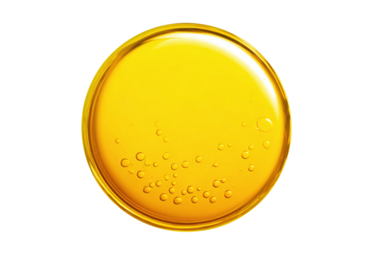 Golden liquid with bubbles in a circular petri dish, isolated on white transparent background