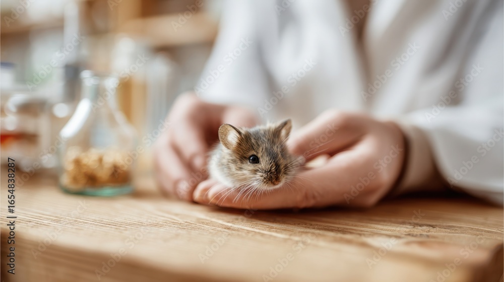Poster scientist wearing a lab coat gently holds a small mouse in their hands, conducting research in a lab