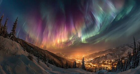 Aurora borealis illuminates a valley nestled in snow-covered mountains.  Vibrant colours of the Northern Lights paint the night sky.  Snowy peaks and a lit-up town below