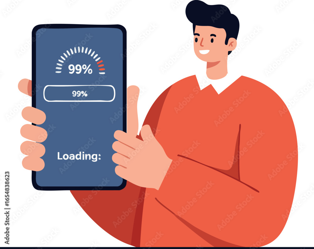 Aufkleber man holding smartphone with loading screen and progress bar technology illustration