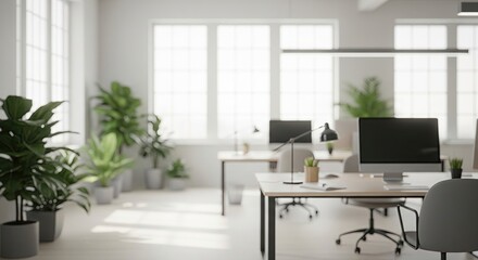 Bright, minimalist office blur with soft natural light. Clean backdrop for product mockups & digital overlays.	Vibrant open office blur with lush green plants & natural light. Fresh backdrop