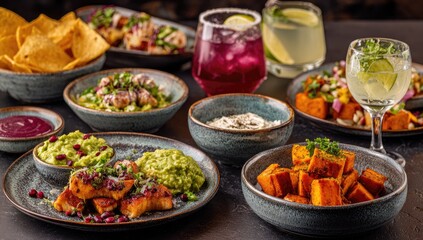 Obraz premium A variety of tapas, including chips, guacamole, grilled meats, and cocktails