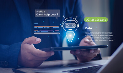 Businessman interacting with an AI assistant on a smartphone. This image represents the concept of...