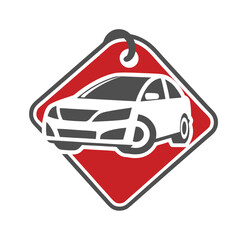 Stylized white car silhouette on a red diamond shaped tag with grey border and loop automobile