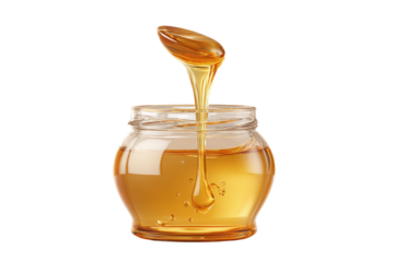 Golden Honey Pouring into Glass Jar Isolated on White Transparent Background