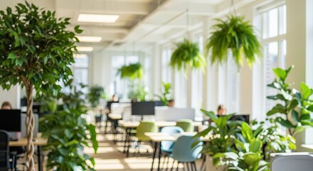Bright, minimalist office blur with soft natural light. Clean backdrop for product mockups & digital overlays.	Vibrant open office blur with lush green plants & natural light. Fresh backdrop