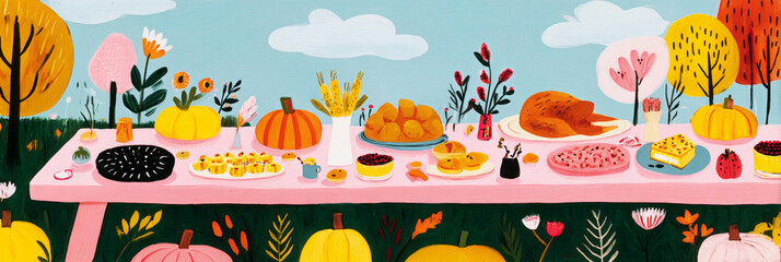 Festive buffet spread features seasonal dishes and desserts on a wooden picnic table surrounded by vibrant autumn trees and a clear blue sky, perfect for outdoor gathering