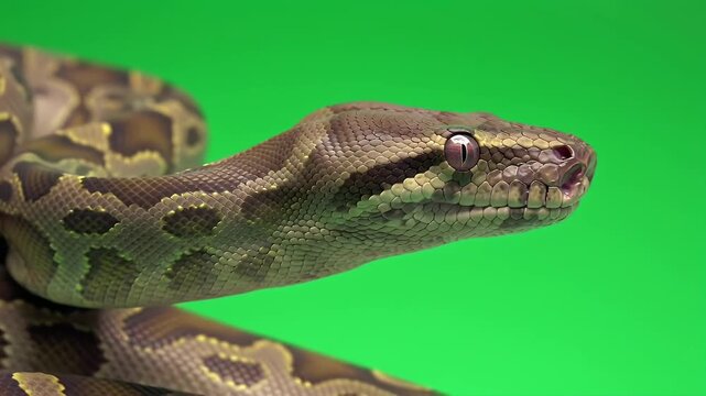 Close-up of a Brown Patterned Python with Striking Eyes Against a Vibrant Green Screen Background