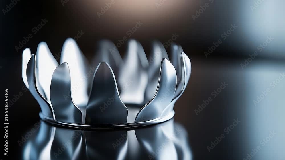 Poster gleaming metallic flower sculpture with reflective surface and soft bokeh background
