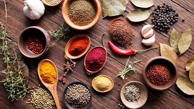Aromatic spices and herbs on a wooden table showcase culinary diversity and flavor enhancing