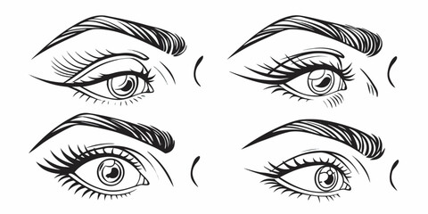 Obraz premium Set of black and white womans eyes and eyebrows line art style