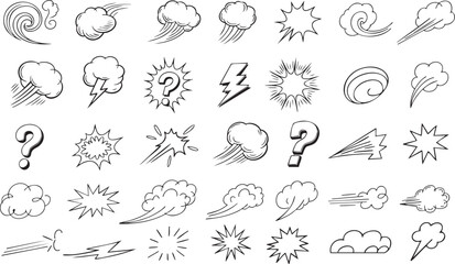 Line movement emotion effect element, cartoon emotion effect decoration icon. Hand drawn effect manga doodle line element arrow, emphasis, shock, sparkle. Expression sign anime line movement vector