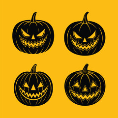 Halloween Evil Pumpkin Face Vector Set – Creepy Scary Cute Silhouette Icons for Spooky Decoration and Party Design