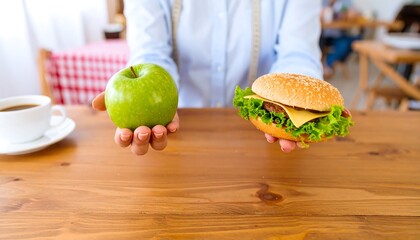 A person holds a fresh green  and a cheeseburger, highlighting healthy eating choices.