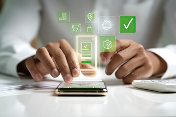 Person using a smartphone with various security icons overlaid