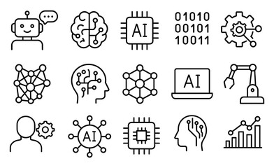 Fototapeta premium Modern technology icons featuring ai and robotics in linear style